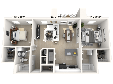 Floor plan for 2 beds, 2 baths, 996 sqft